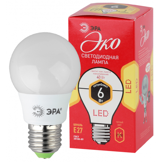 Светодиодная лампа ECO LED A55-6W-827-E27 ЭРА (диод, груша, 6Вт, тепл, E27)